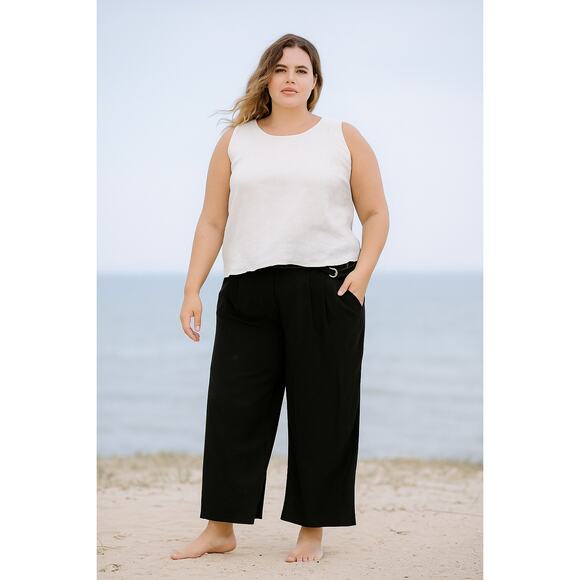 DKNY Womens Pants 14 Black Belted Wide Leg Coastal Lagenlook Minimalist Beachy